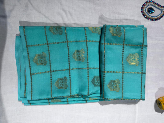 Vibrant Sea Blue Pure Mysore Silk Saree with Bright Orange Contrast Border