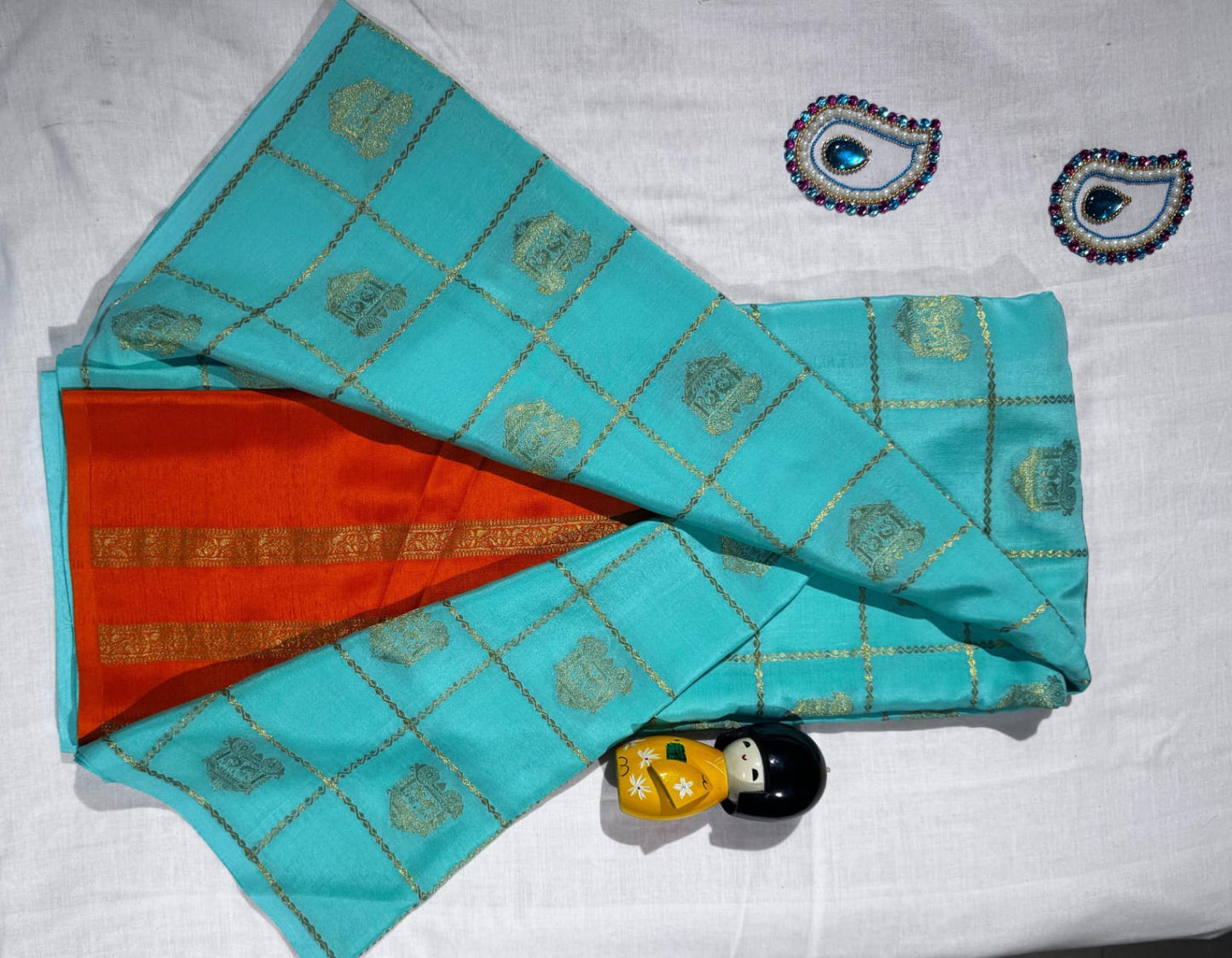 Vibrant Sea Blue Pure Mysore Silk Saree with Bright Orange Contrast Border