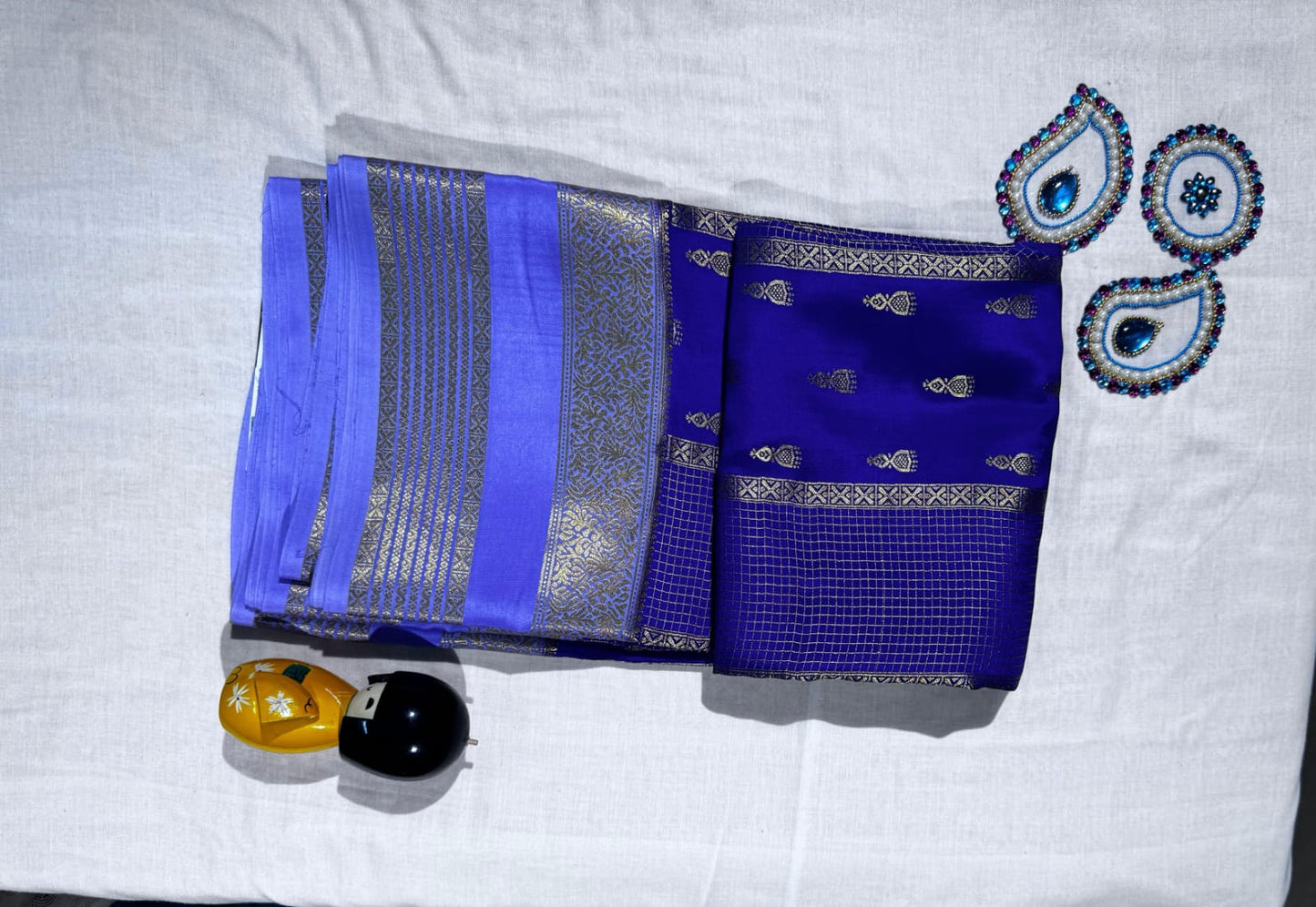 Royal Blue Pure Mysore Silk Saree with Lavender Jhumka Design and Rich Pallu