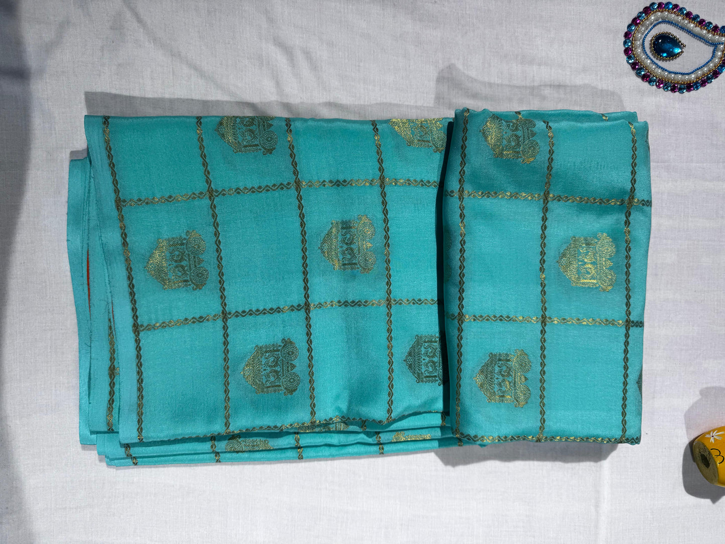 Vibrant Sea Blue Pure Mysore Silk Saree with Bright Orange Contrast Border