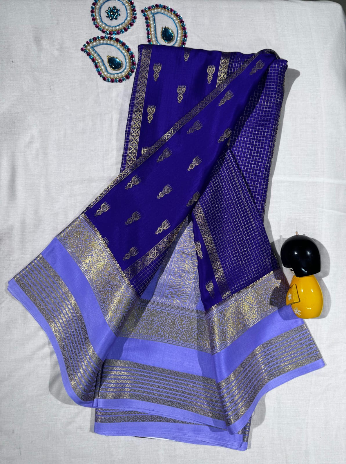 Royal Blue Pure Mysore Silk Saree with Lavender Jhumka Design and Rich Pallu