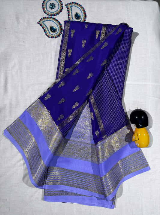 Royal Blue Pure Mysore Silk Saree with Lavender Jhumka Design and Rich Pallu