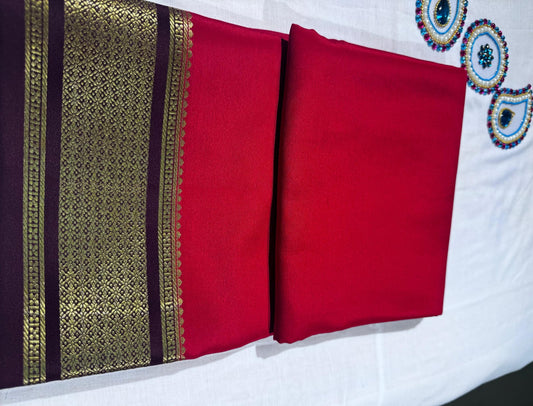 Classic Cherry Red Pure Mysore Silk Saree with Elegant Brown Border