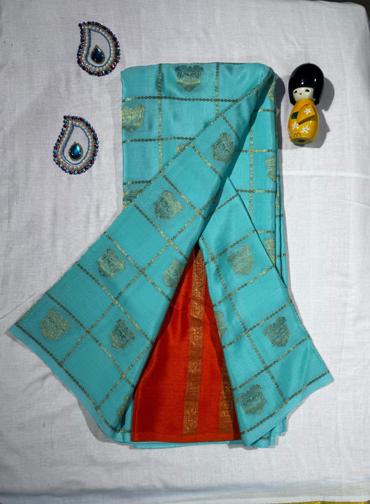 Vibrant Sea Blue Pure Mysore Silk Saree with Bright Orange Contrast Border