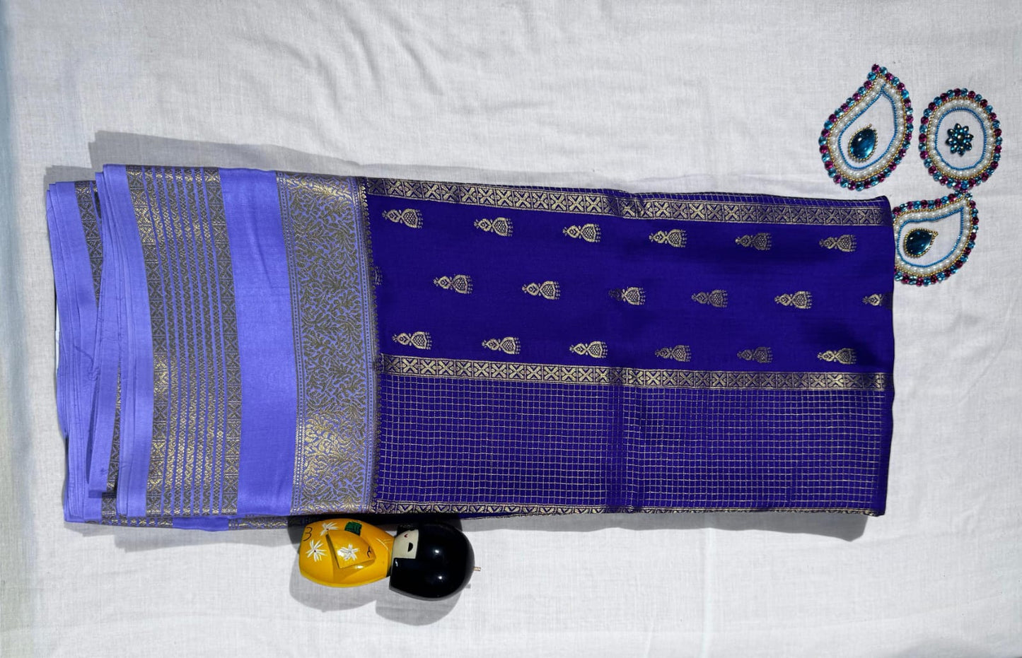 Royal Blue Pure Mysore Silk Saree with Lavender Jhumka Design and Rich Pallu