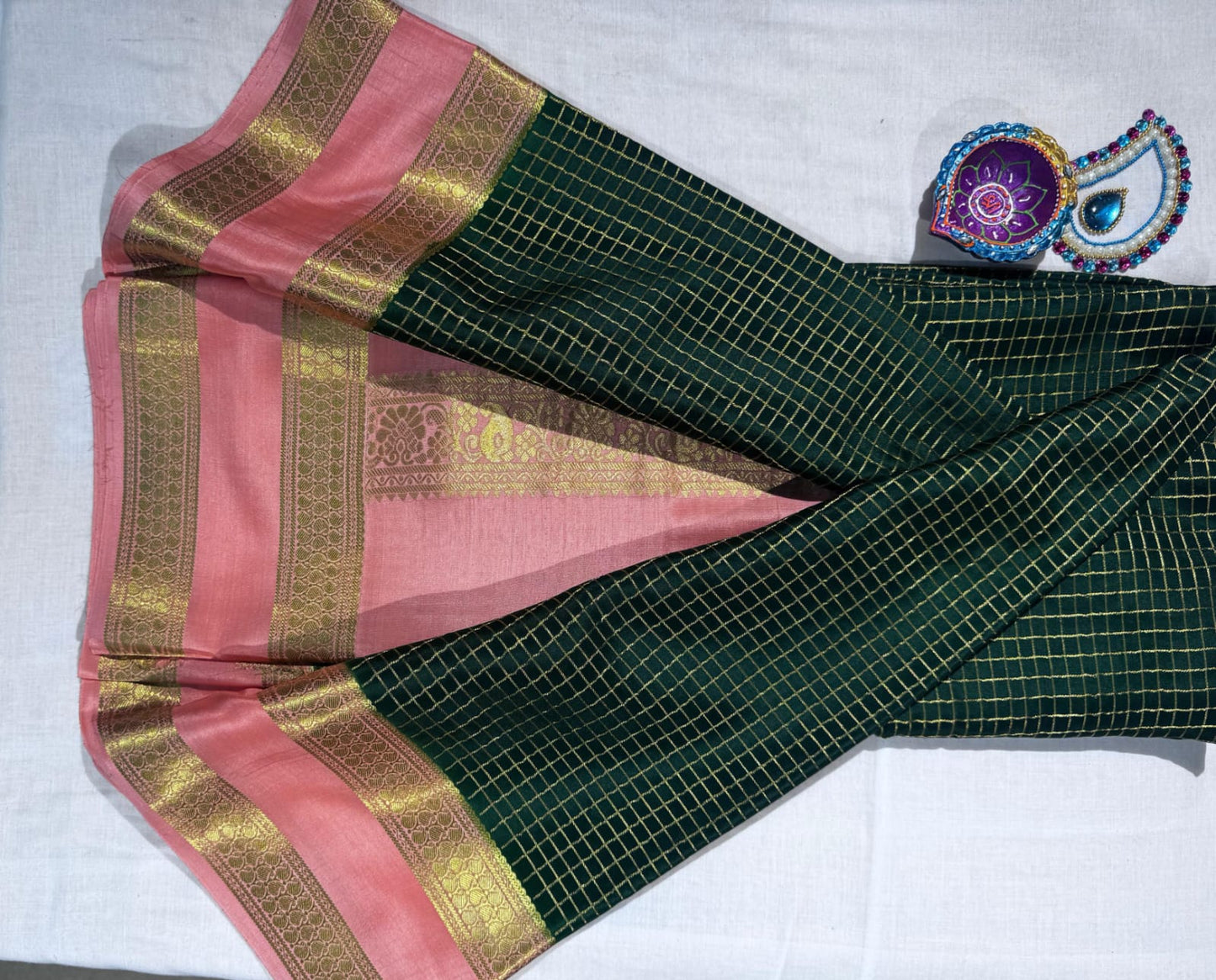 Elegant Green Pure Mysore Silk Saree with Soft Peach Border