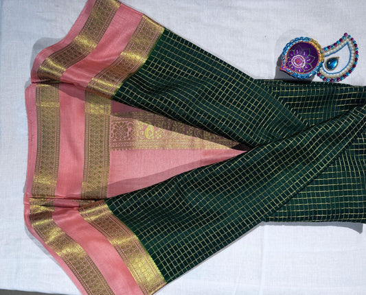 Elegant Green Pure Mysore Silk Saree with Soft Peach Border