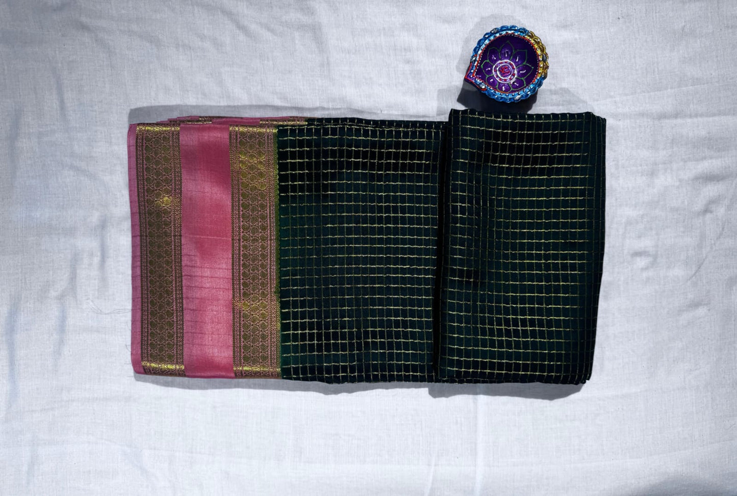 Elegant Green Pure Mysore Silk Saree with Soft Peach Border